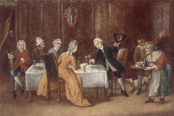 unknow artist An elegant interior with a lady and gentleman toasting,other figures drinking and smoking at the table oil painting picture